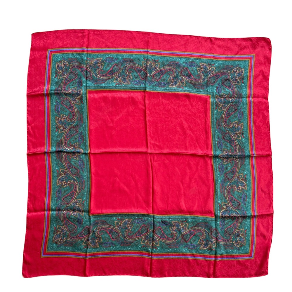 Hiroko Koshino for Jozo Red Silk Paisley Jacquard Square Scarf Japan 35in